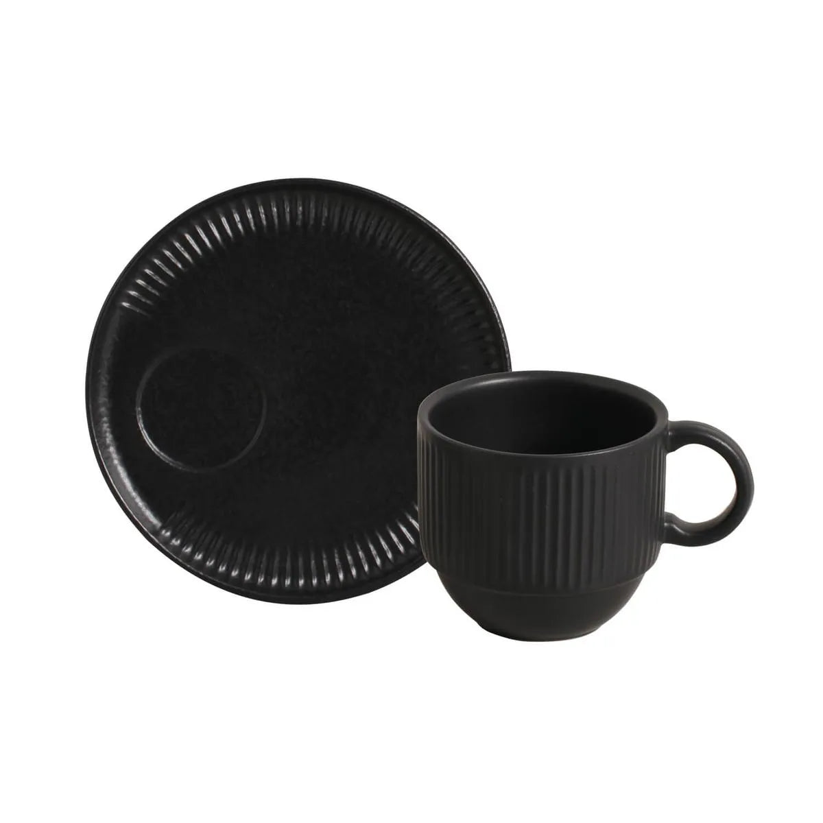 Tea Cup with Saucer Stackable Stoneware 230 ml Black Matt Colour Made in Brazil Organic Shape Porto Brasil Ceramic Make a Set