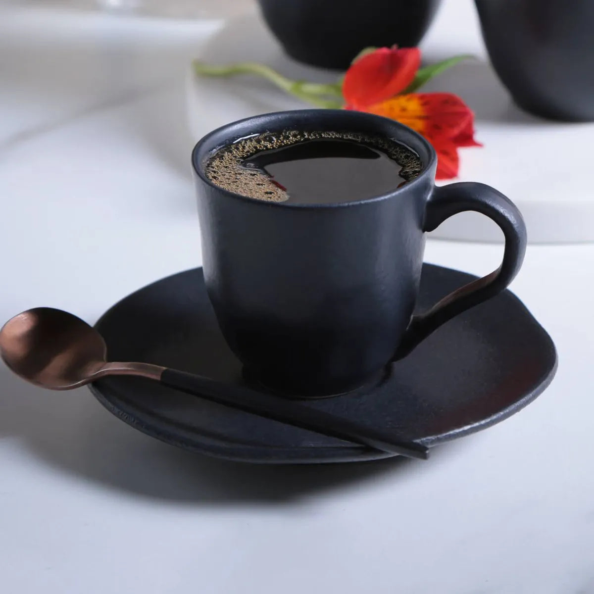 Coffee Cup with Saucer Stackable Stoneware 120 ml Black Matt Colour Made in Brazil Organic Shape Porto Brasil Ceramic Make a Set