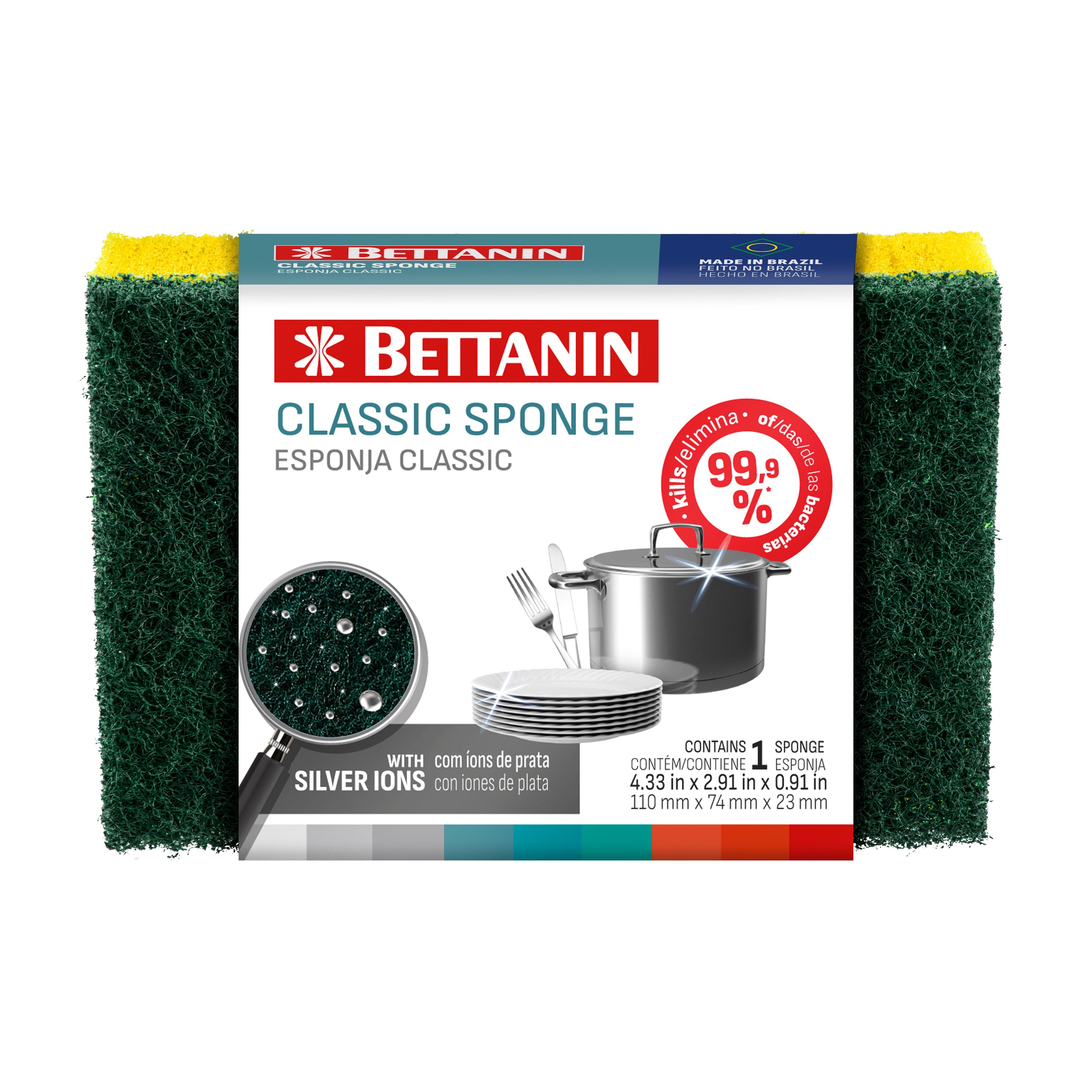 Bettanin 3 pcs Pack  Scour Sponge With Silver Ions Technology that Eliminates 99.9% Bacteria - Made in Brazil