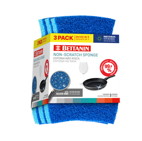 Bettanin  Blue Non-Scratch Sponge 3 pcs Pack Ergonomic Improved Shape - Silver Ions Technology that Eliminates 99.9% Bacteria - Made in Brazil