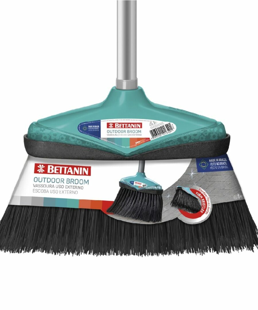 Bettanin Outdoor  Broom with Weather Resistant and Easy to Clean -  Strong Iron Handle Made in Brazil - Upright Long Handle Broom with Stiff Bristles - Ideal for All Sweeping Cleaning Job