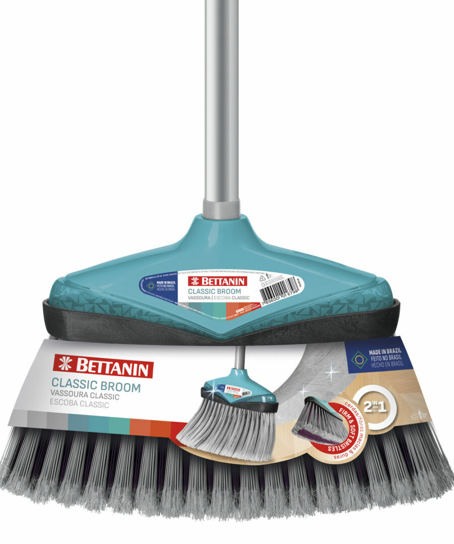 Bettanin Floor Broom with Strong Iron Handle Made in Brazil - Upright Long Handle Broom with Stiff Bristles - Multipurpose Cleaning Tool Perfect for Home or Office Use - Ideal for All Sweeping Cleaning Job