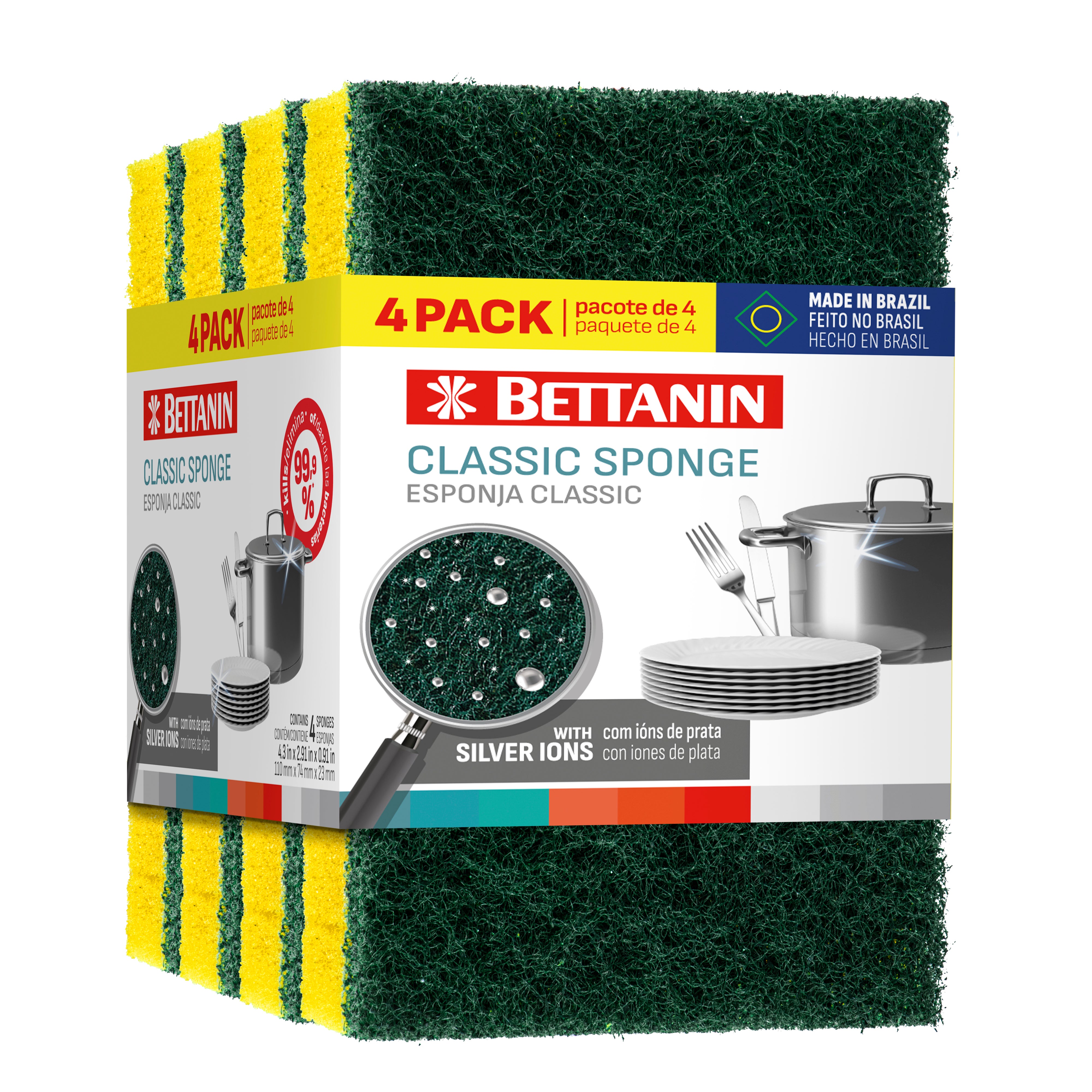 Bettanin 4 pcs Pack  Scour Sponge With Silver Ions Technology that Eliminates 99.9% Bacteria - Made in Brazil