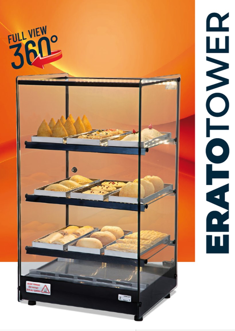 Erato Heated Display Case  with 9 Free Trays Compact 47x44x82cm 360 Degrees View Mande in Brazil LED