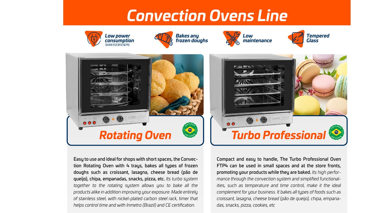 Convection Rotating Oven Compact 4 Trays Free  Made in Brazil  FGE 4B 3 Years Warranty CE Certified  Ideal for Small  Spaces 51cm x 64cm x 57.5cm